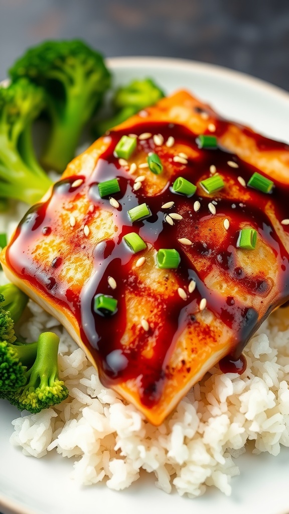 Teriyaki glazed tilapia fillets on white rice with broccoli, garnished with sesame seeds and green onions.